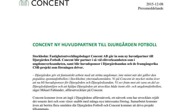 Concent blir ny huvudpartner till Djurgården Fotboll
