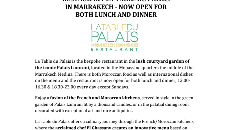 RESTAURANT LA TABLE DU PALAIS  IN MARRAKECH - NOW OPEN FOR  BOTH LUNCH AND DINNER