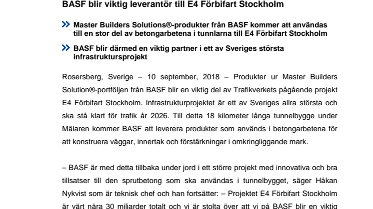 BASF blir viktig leverantör till E4 Förbifart Stockholm