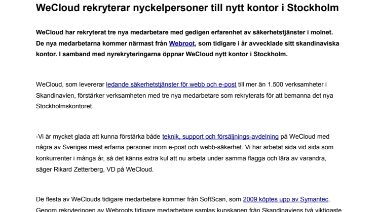 WeCloud rekryterar nyckelpersoner till nytt kontor i Stockholm