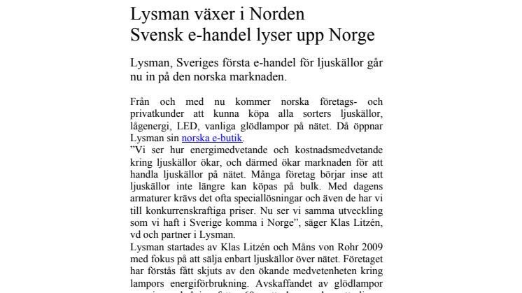 Lysman växer i Norden. Svensk e-handel lyser upp Norge