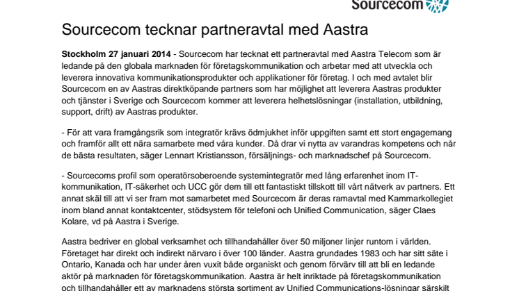 Sourcecom tecknar partneravtal med Aastra 