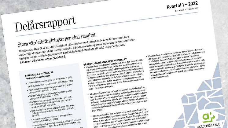 Akademiska Hus delårsrapport 1 januari – 31 mars 2022: Stora värdeförändringar ger ökat resultat