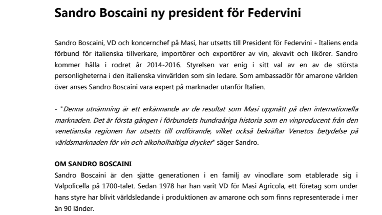 Sandro Boscaini ny president för Federvini