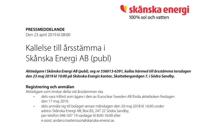 Kallelse till årsstämma i  Skånska Energi AB (publ)