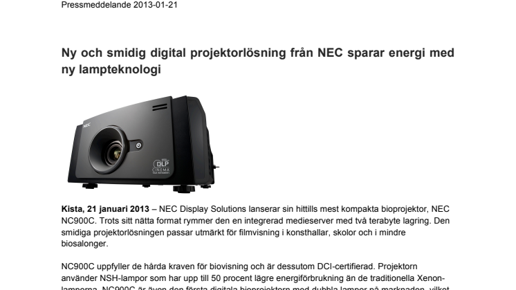 Ny och smidig digital projektorlösning från NEC sparar energi med ny lampteknologi