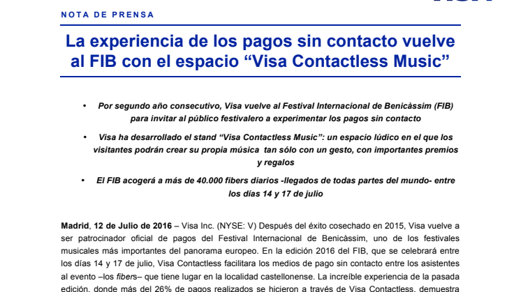 La experiencia de los pagos sin contacto vuelve al FIB con el espacio “Visa Contactless Music”