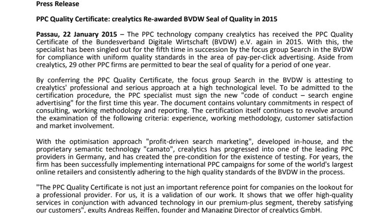 PPC Quality Certificate: crealytics Re-awarded BVDW Seal of Quality in 2015