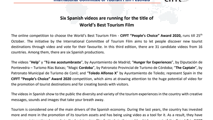 Six Spanish videos are running for the title of World’s Best Tourism Film