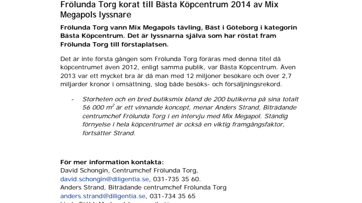 Frölunda Torg korat till Bästa Köpcentrum 2014 av Mix Megapols lyssnare