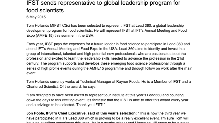 IFST sends representative to global leadership program for food scientists