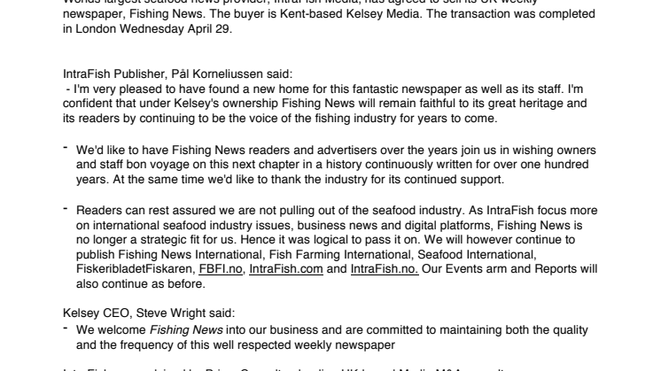 Kelsey take the helm at Fishing News
