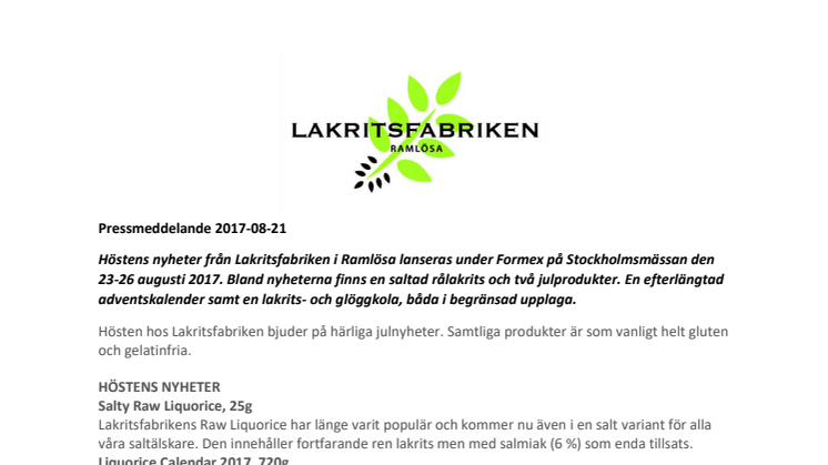 Höstens nyheter från Lakritsfabriken i Ramlösa 