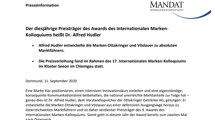 Der diesjährige Preisträger des Awards des Internationalen Marken-Kolloquiums heißt Dr. Alfred Hudler