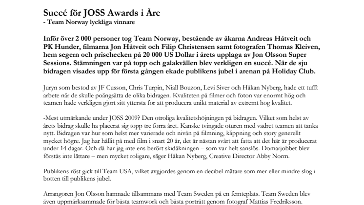Succé för JOSS Awards i Åre