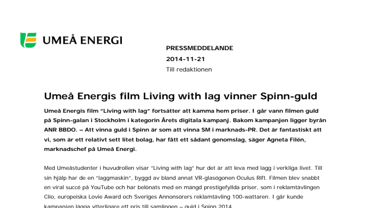 Umeå Energis film Living with lag vinner Spinn-guld