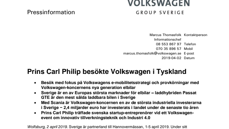 Prins Carl Philip besökte Volkswagen i Wolfsburg