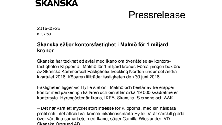 Skanska säljer kontorsfastighet i Malmö för 1 miljard kronor