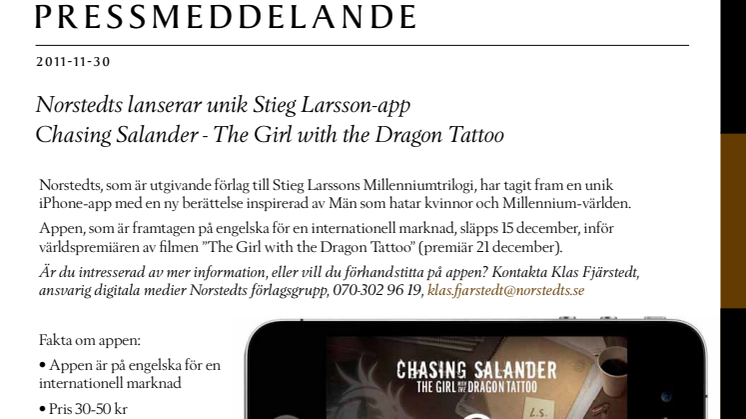 Norstedts lanserar unik Stieg Larsson-app: Chasing Salander.The Girl with the Dragon Tattoo