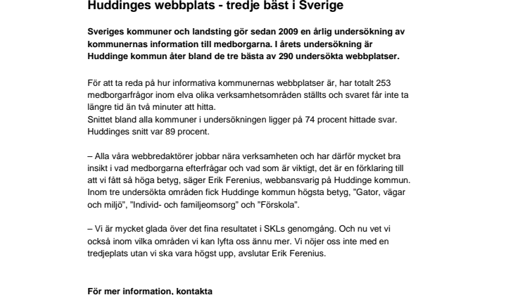 Huddinges webbplats - tredje bäst i Sverige