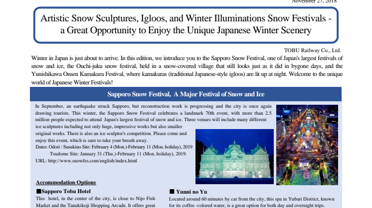 Artistic Snow Sculptures, Igloos, and Winter Illuminations Snow Festivals - a Great Opportunity to Enjoy the Unique Japanese Winter Scenery