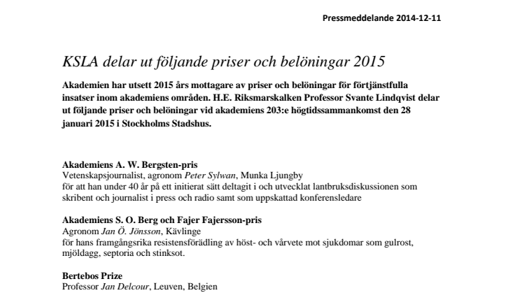 KSLA delar ut priser och belöningar 2015