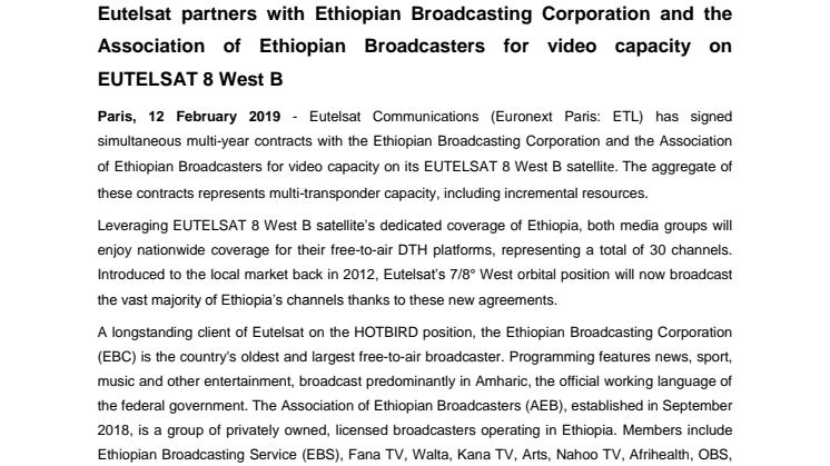Eutelsat partners with Ethiopian Broadcasting Corporation and the Association of Ethiopian Broadcasters for video capacity on EUTELSAT 8 West B  
