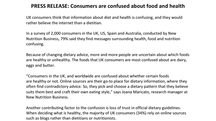 PRESS RELEASE: Consumers are confused about food and health