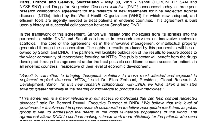 Sanofi and DNDi - Drugs for Neglected Diseases initiative - Sign an Innovative Agreement to Generate New Drugs for Neglected Tropical Diseases