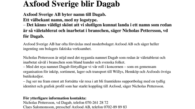 Axfood Sverige blir Dagab