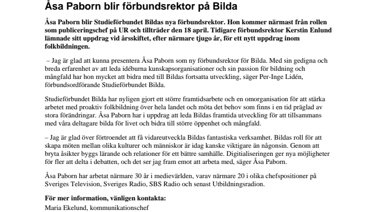 Åsa Paborn blir förbundsrektor på Bilda