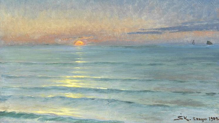 P. S. Krøyer- "Solnedgang ved Nordstranden. Solen gaar ned rød over Havet. I Horizonten et Par Sejlskibe." Vurdering- 600.000-800.000 kr. 