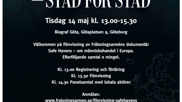 Inbjudan till Frälsningsarméns visning av dokumentärfilmen Safe Havens i Göteborg. 