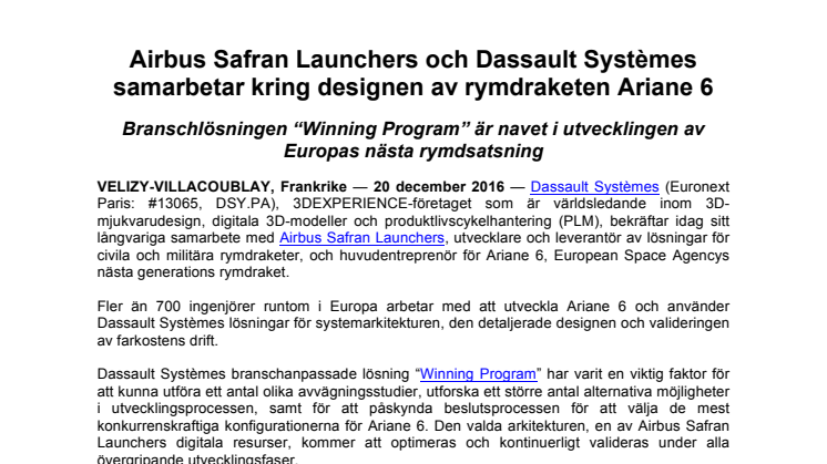 Airbus Safran Launchers och Dassault Systèmes samarbetar kring designen av rymdraketen Ariane 6