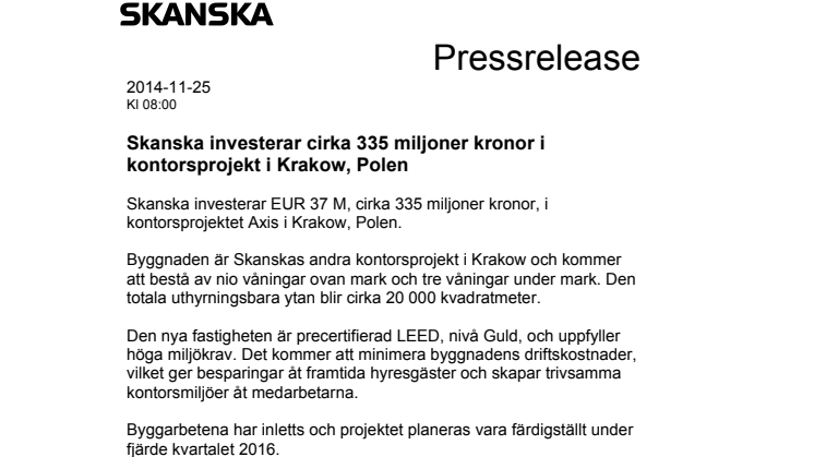 Skanska investerar cirka 335 miljoner kronor i kontorsprojekt i Krakow, Polen