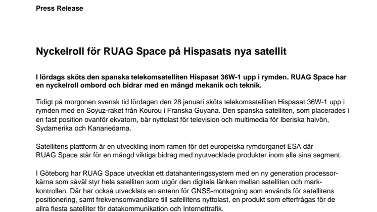 Nyckelroll för RUAG Space på Hispasats nya satellit