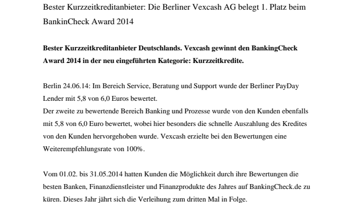 Bester Kurzzeitkreditanbieter: Die Berliner Vexcash AG belegt 1. Platz beim BankinCheck Award 2014