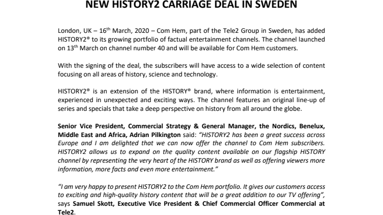 NEW HISTORY2 CARRIAGE DEAL IN SWEDEN