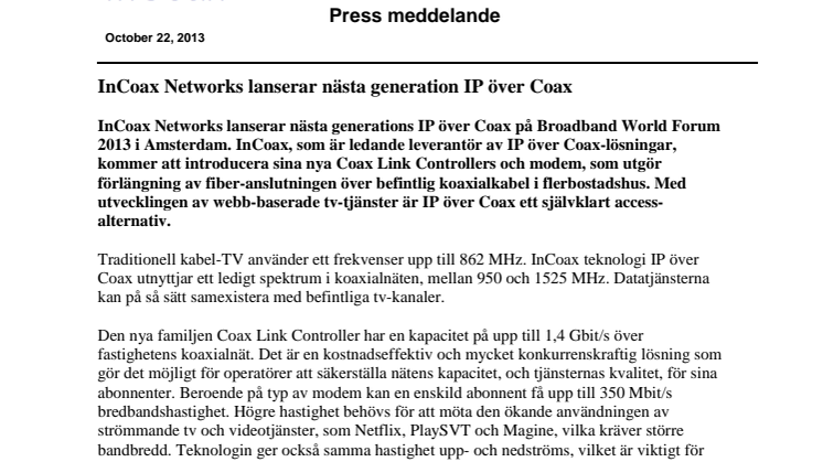 InCoax Networks lanserar nästa generation IP över Coax