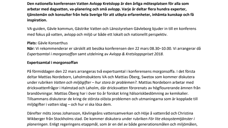 Pressinbjudan: Vatten Avlopp Kretslopp 2018 i Gävle