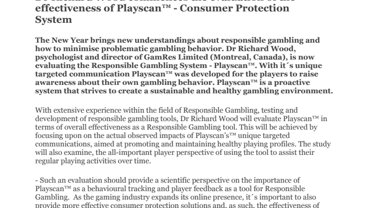 Dr Richard Wood commences the evaluation of the effectiveness of Playscan™ - Consumer Protection System