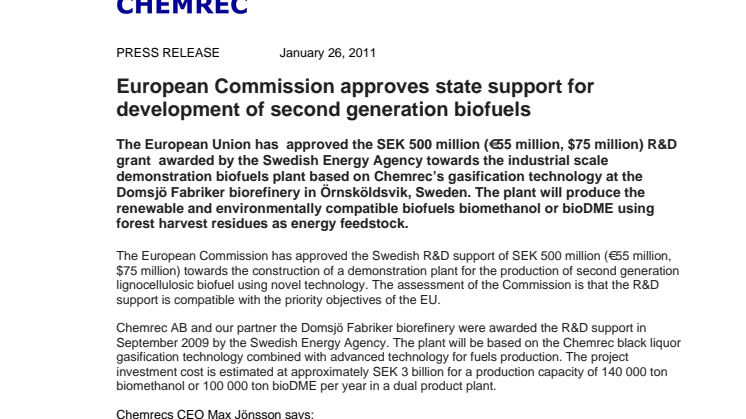European Commission approves state support for development of second generation biofuels
