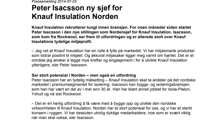 Peter Isacsson ny sjef for  Knauf Insulation Norden