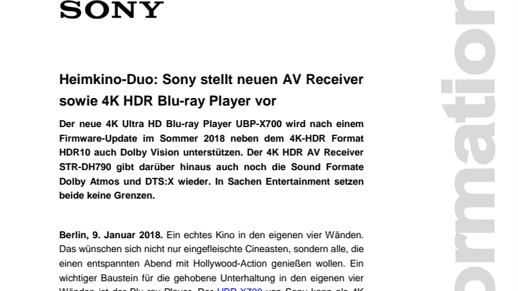 Heimkino-Duo: Sony stellt neuen AV Receiver sowie 4K HDR Blu-ray Player vor