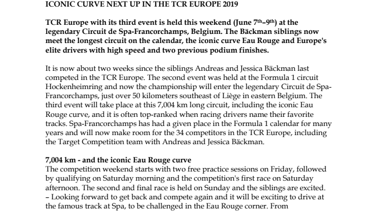 Iconic curve next up in the TCR Europe 2019