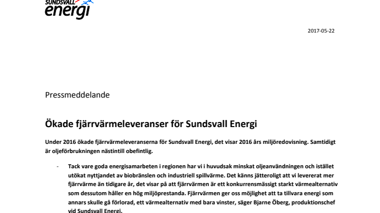 Ökade fjärrvärmeleveranser för Sundsvall Energi