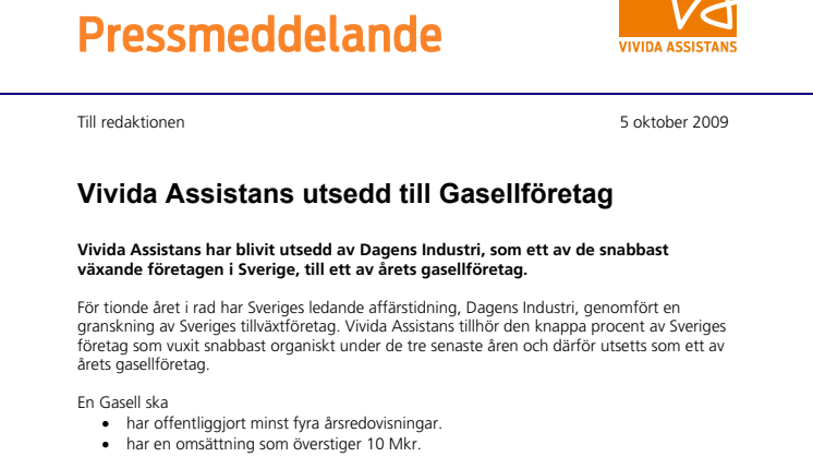 Vivida Assistans utsedd till Gasellföretag