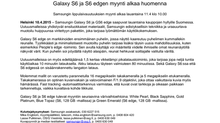 ​Galaxy S6 ja S6 edgen myynti alkaa huomenna