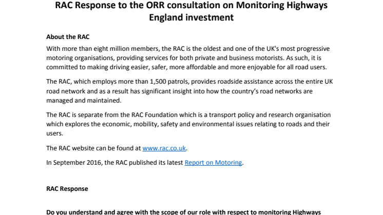 RAC response to ORR consultation on monitoring Highways England investments