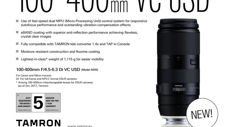 Tamron 100-400mm f/5-6.3 Di VC USD Datablad